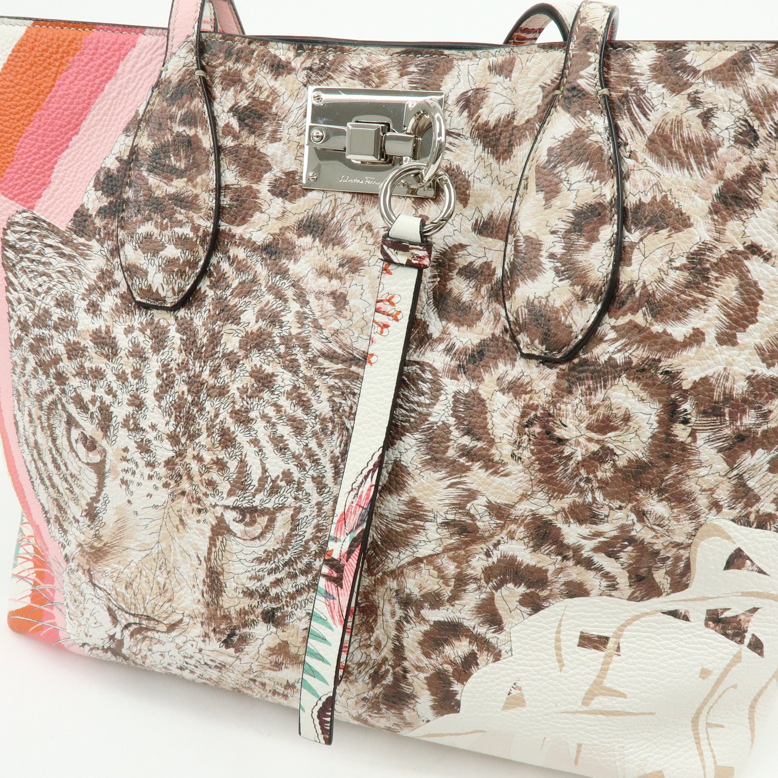 Ferragamo Gancini Leather Tote Bag Shoulder Bag Flower Print