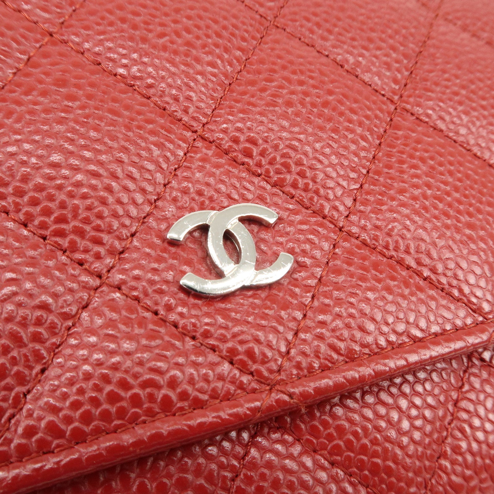 CHANEL Matelasse COCO Mark Caviarskin Chain Wallet Red A33814