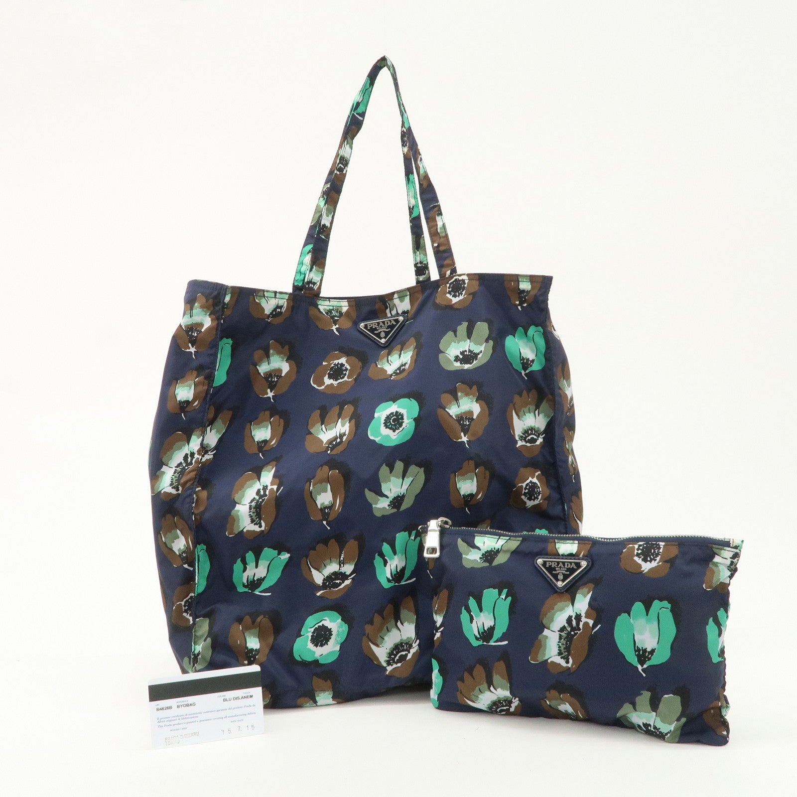 PRADA Triangle Logo Nylon Tote Bag w/Pouch Flower Print Navy B4626B Used