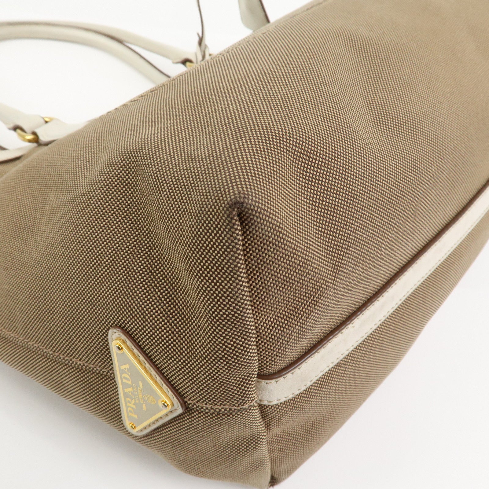 PRADA Logo Jacquard Leather Tote Bag Hand Bag Beige Ivory 1BG158