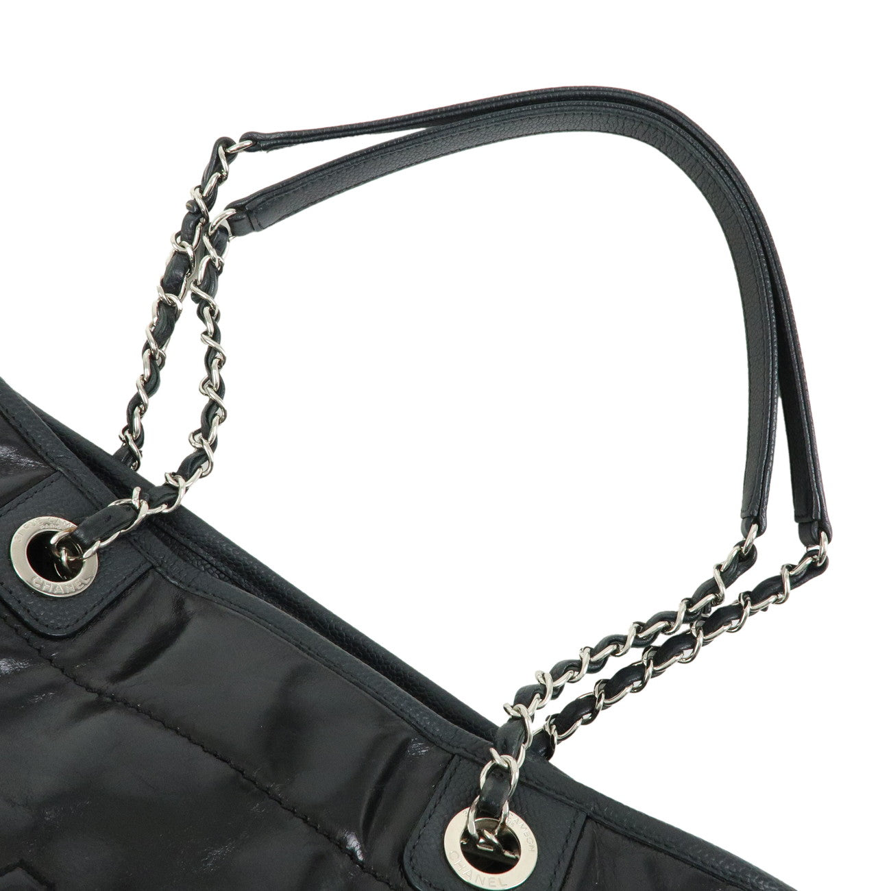 CHANEL Aged Calf Skin Caviarskin Deauville MM Tote Bag Black A93257