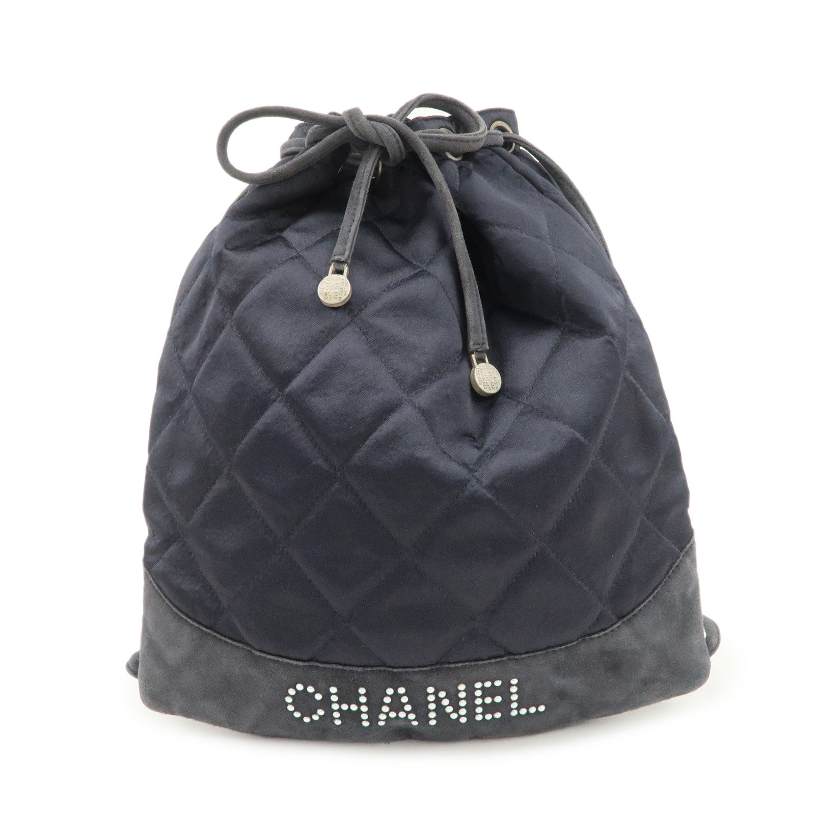 CHANEL Matelasse Satin Suede Drawstring Back Pack Black Used