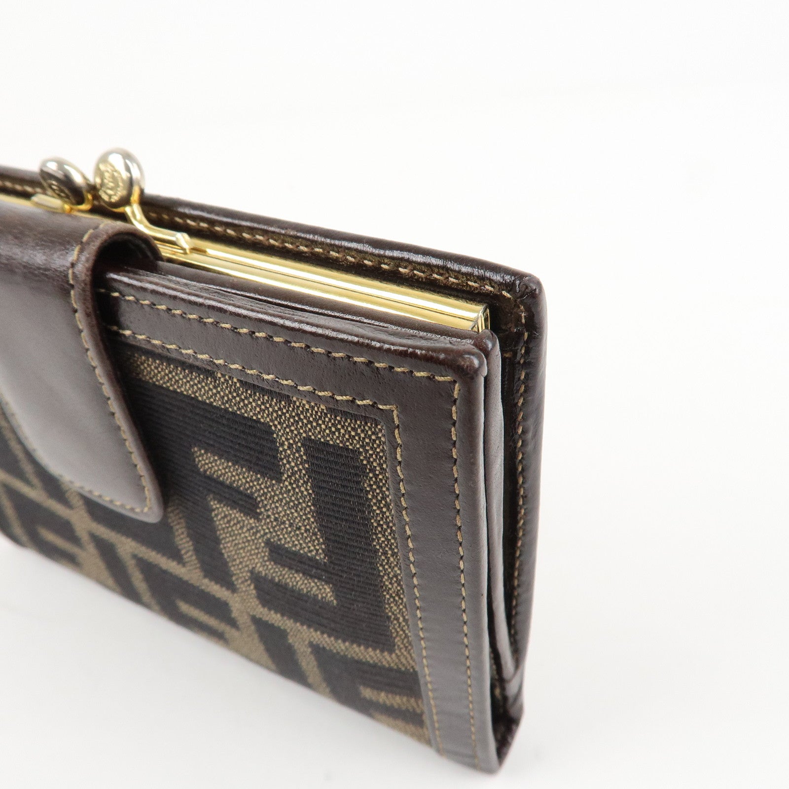 FENDI Zucca Canvas Leather Bi-Fold Wallet Brown Black Used