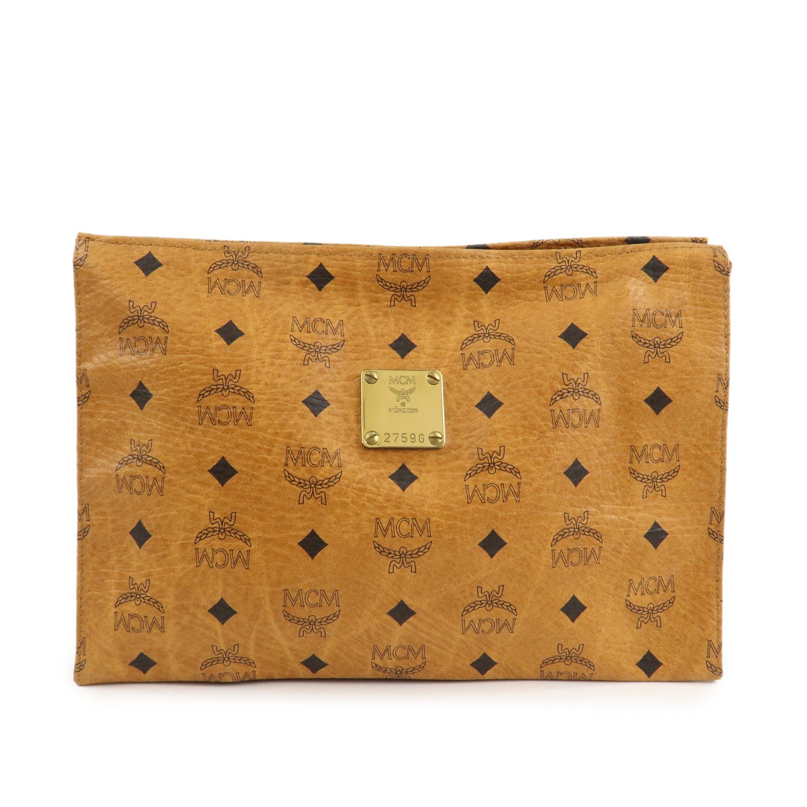 MCM Visetos Leather Clutch Bag Brown Gold Hardware