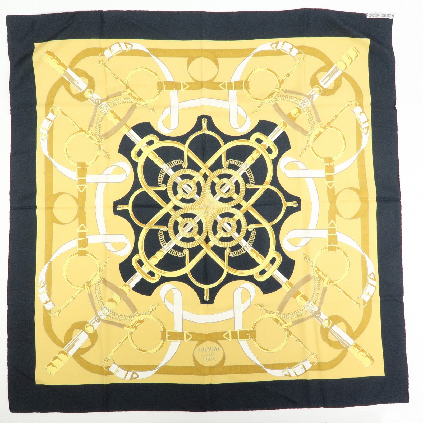 HERMES Carre 90 Silk 100% Eperon d'or Scarf White Navy