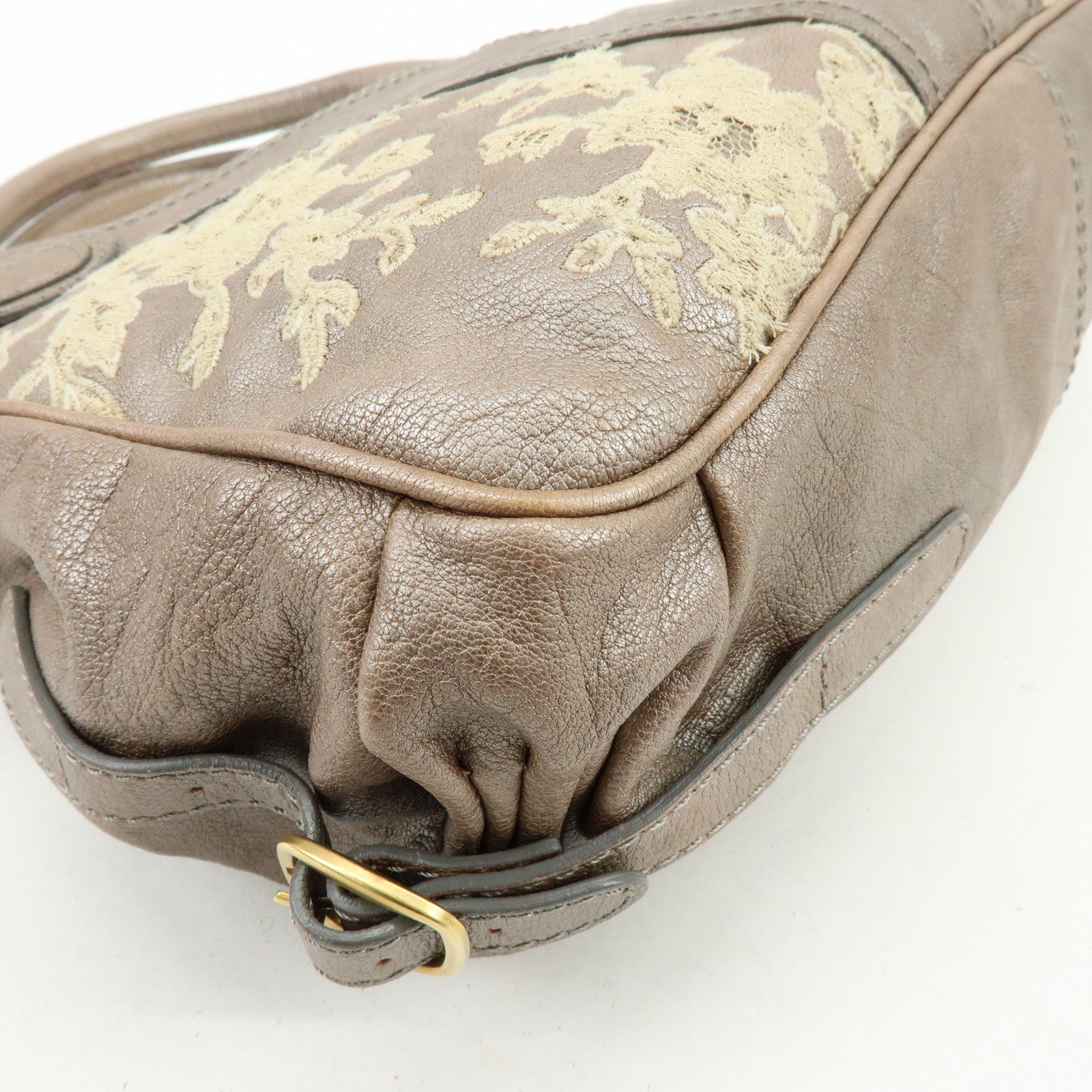 VALENTINO Flower Embroidery Leather Hand Bag Shoulder Bag Greige