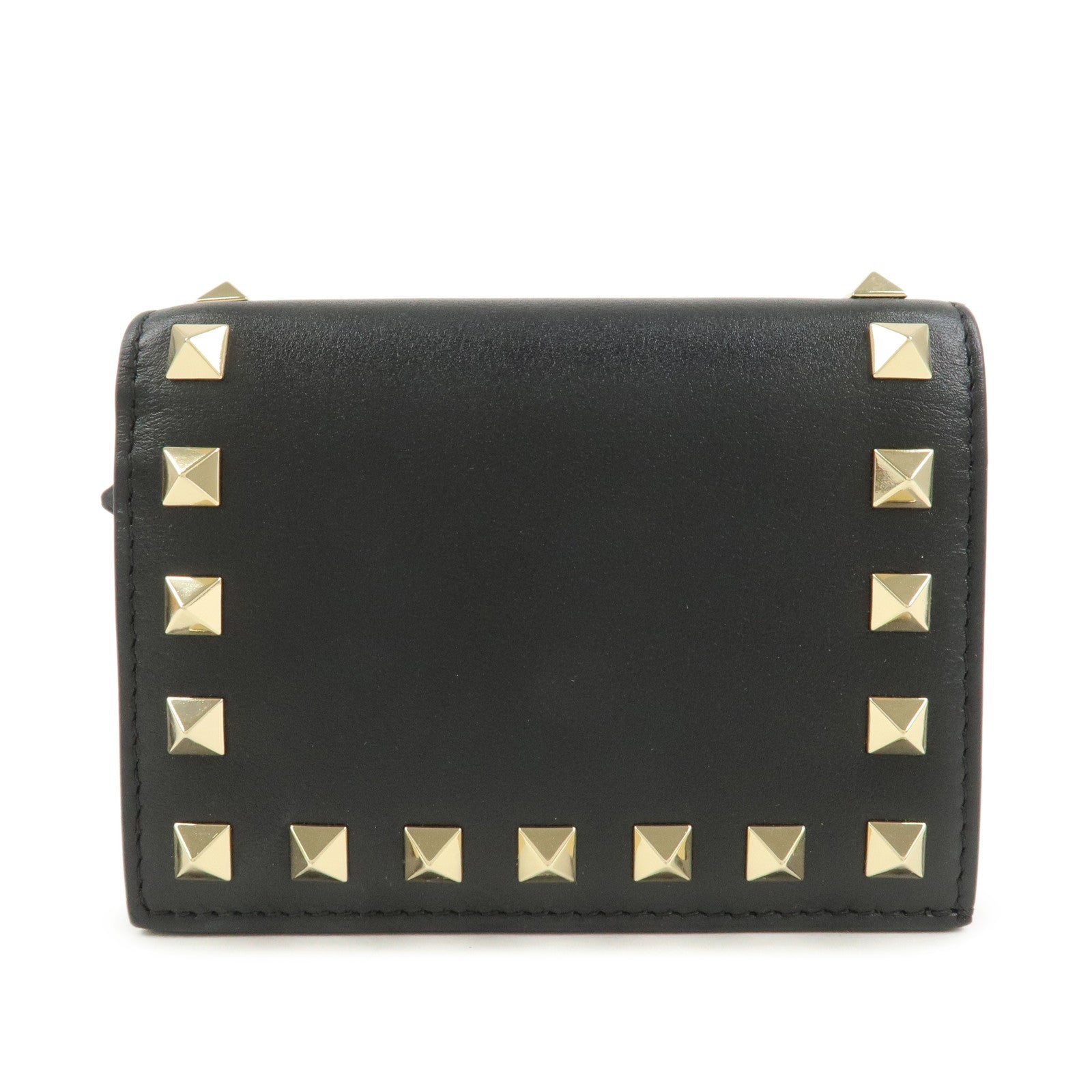 VALENTINO Leather Studs Compact Bi-Fold Wallet Black Gold