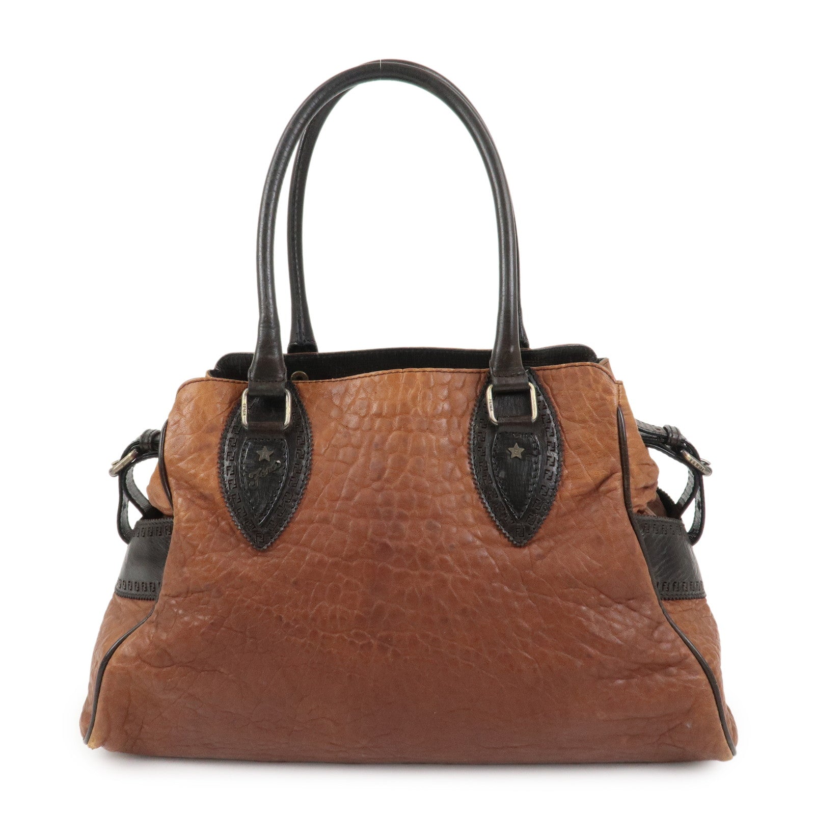 FENDI Etonico Logo Leather Tote Bag Shoulder Brown 8BN162