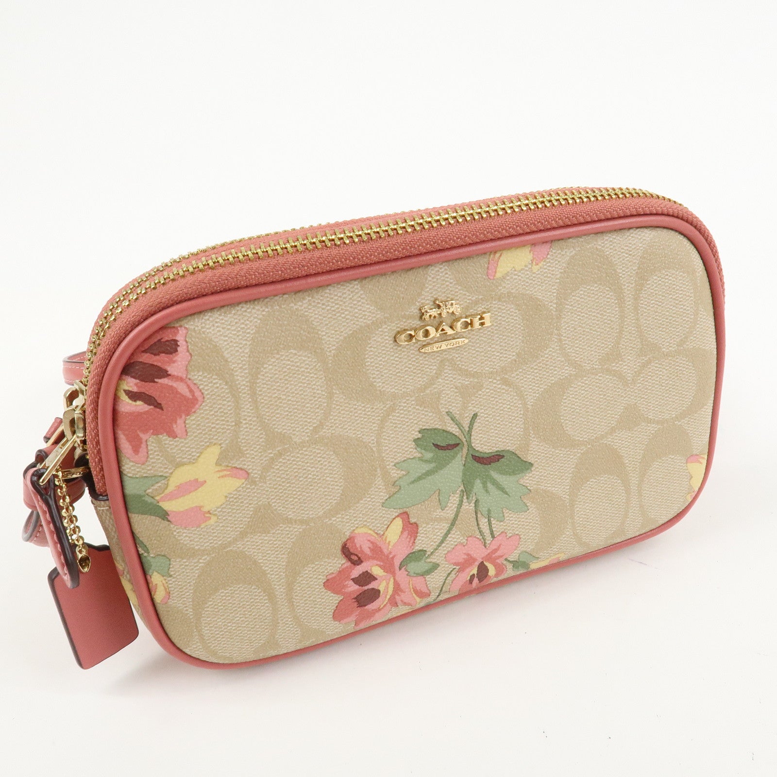 COACH Signature PVC Canvas Leather Shoulder Bag Beige Pink