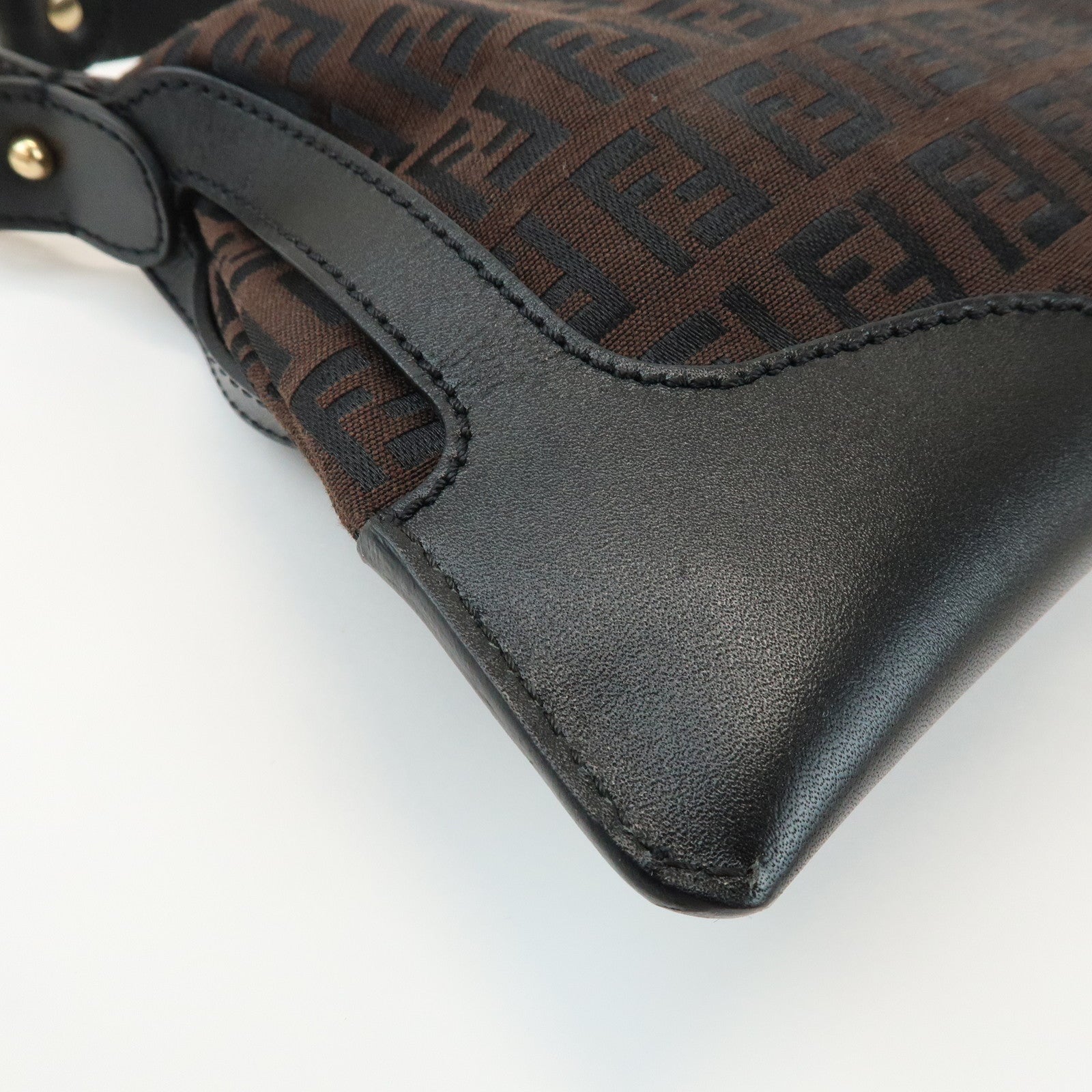 FENDI Zucchino Logo Canvas Leather Black Shoulder Bag Brown 8BR464