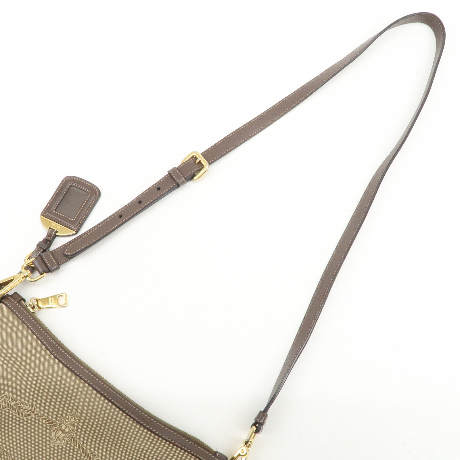 PRADA Logo Jacquard Leather Shoulder Bag Beige Brown BT867A