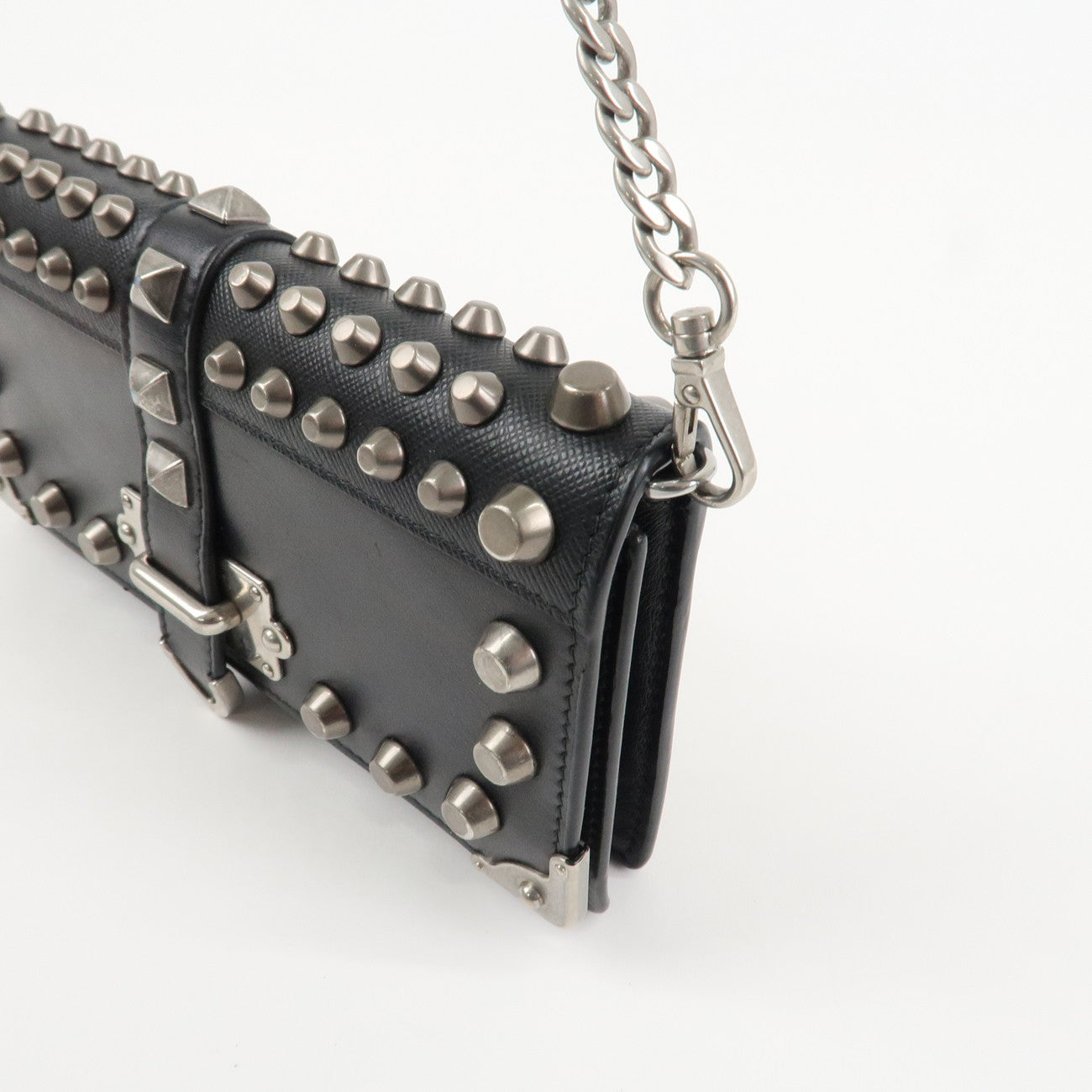 PRADA Leather Studs Chain Wallet Chain Bag Black Used