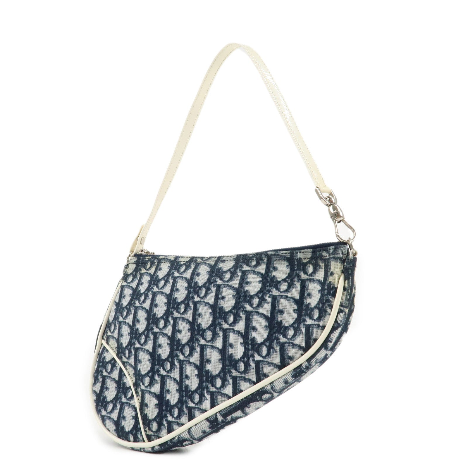 Christian Dior Trotter Jacquard Leather Saddle Bag Mini Navy White Used