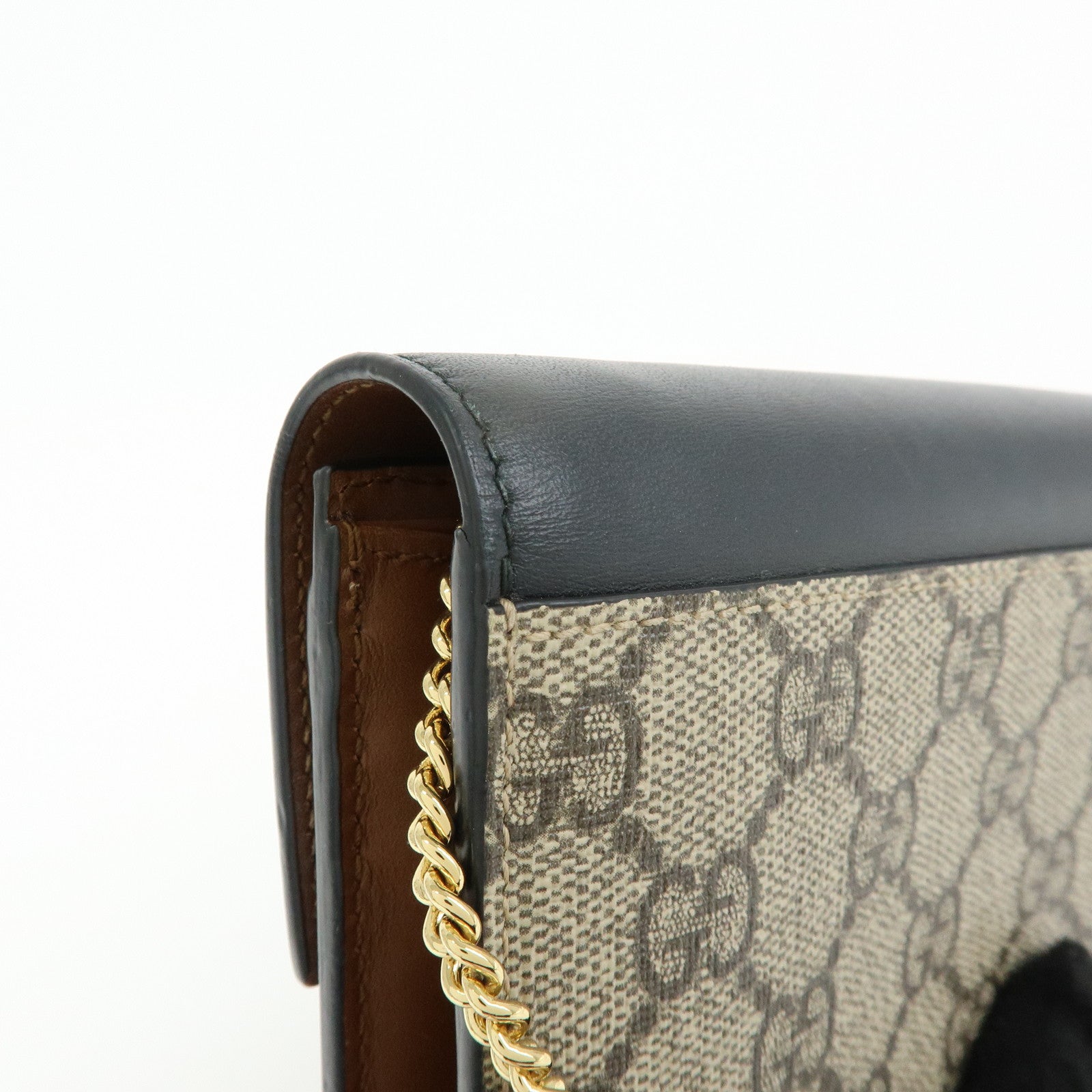 GUCCI GG Supreme Leather Chain Long Wallet WOC Beige Black 453506