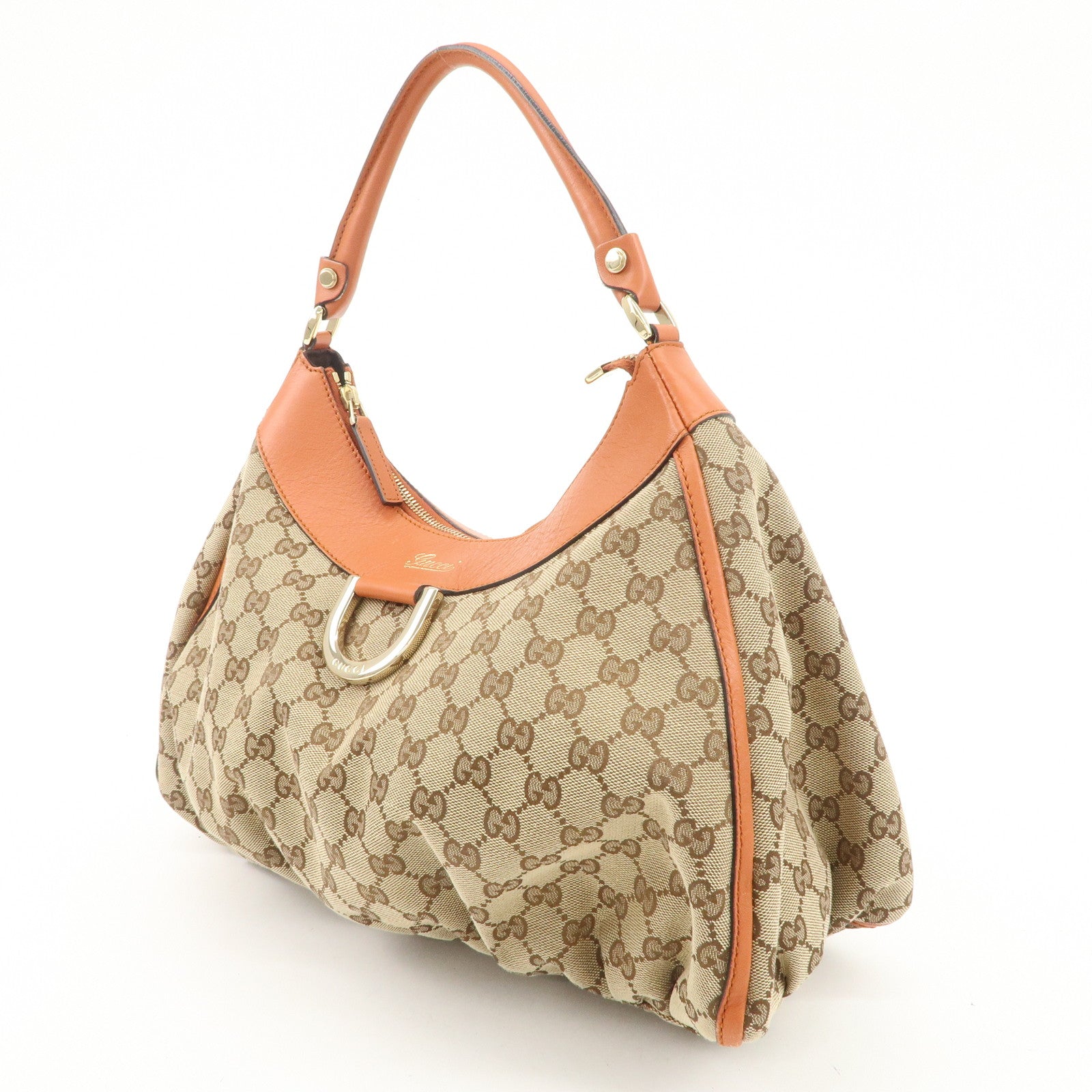 GUCCI Abbey Leather GG Canvas Shoulder Hand Bag Beige Orange 139260 Used