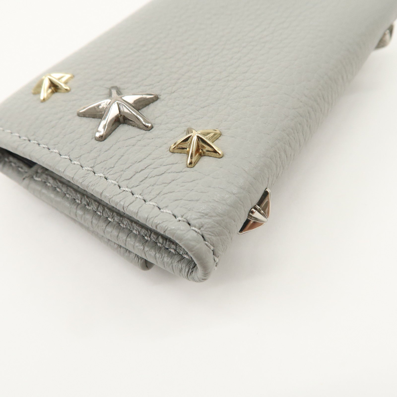 JIMMY CHOO Neptune Leather Studs Key Case Gray Silver Gold 101953 Used