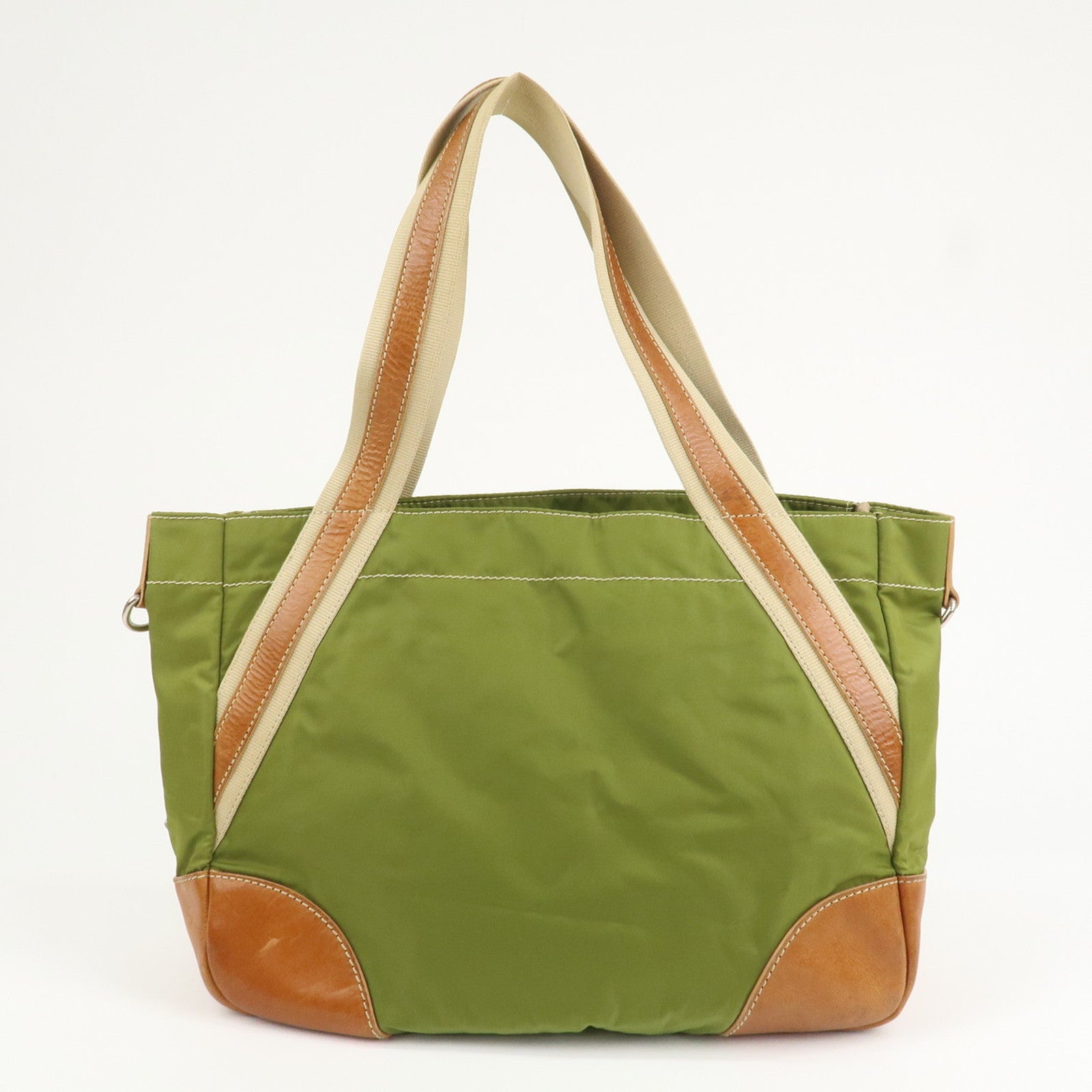 PRADA Triangle Logo Leather Nylon 2Way Tote Bag Brown Khaki