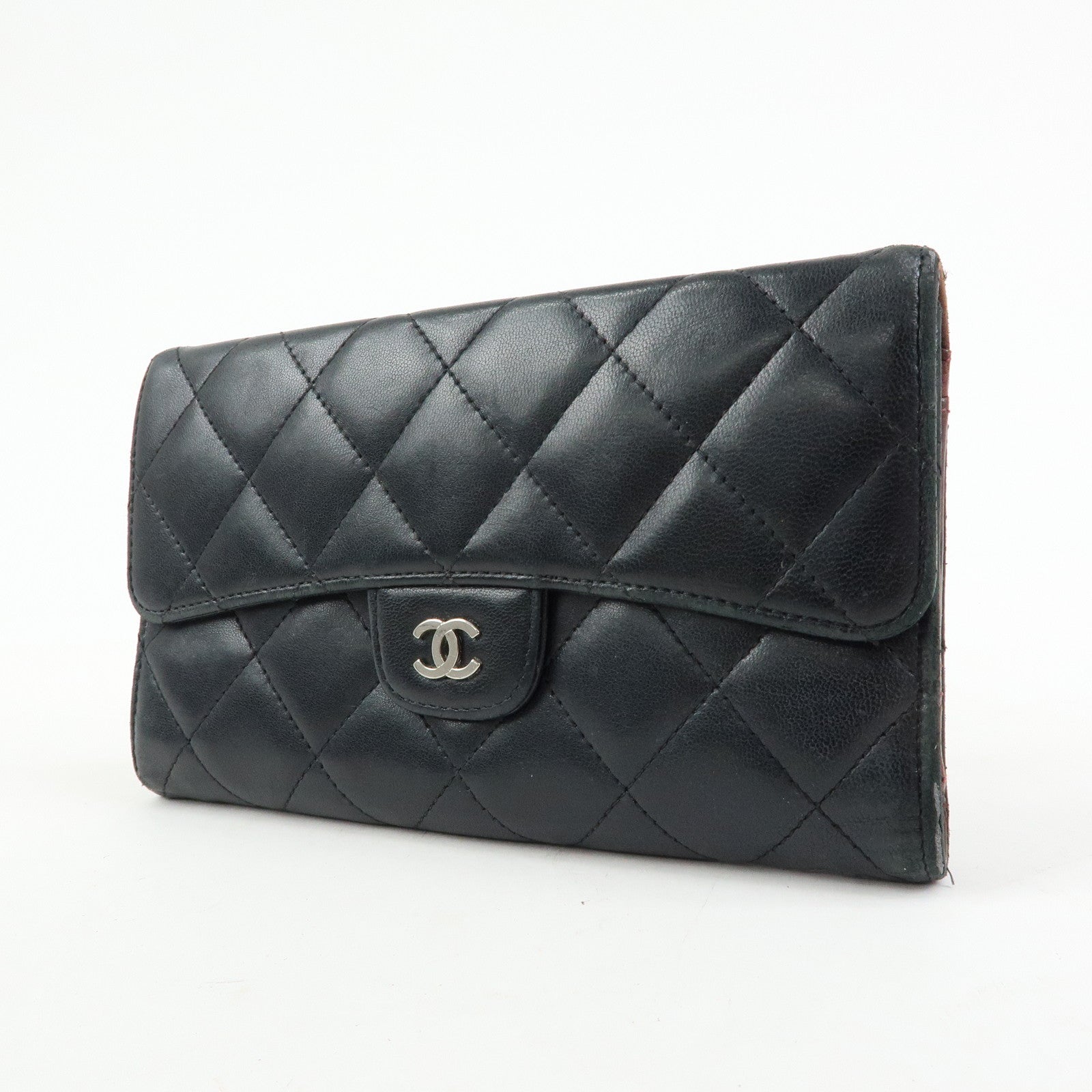 CHANEL Matelasse Lamb Skin Long Flap Wallet Black Silver A82281