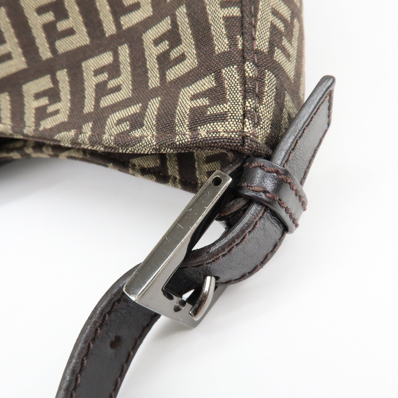 FENDI Zucchino Canvas Leather Shoulder Bag Brown 8BR036