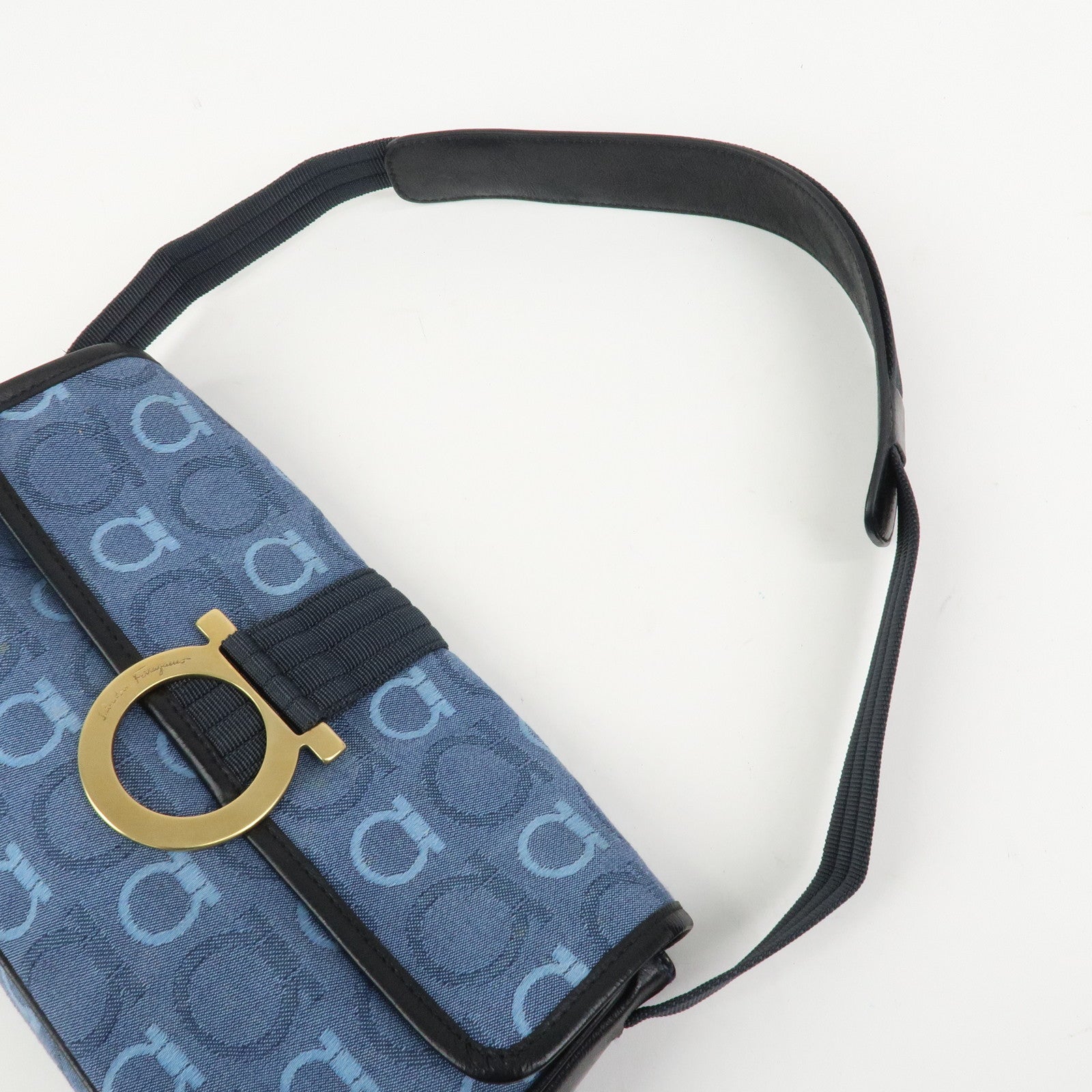 Ferragamo Gancini Canvas Leather Shoulder Bag Blue Black