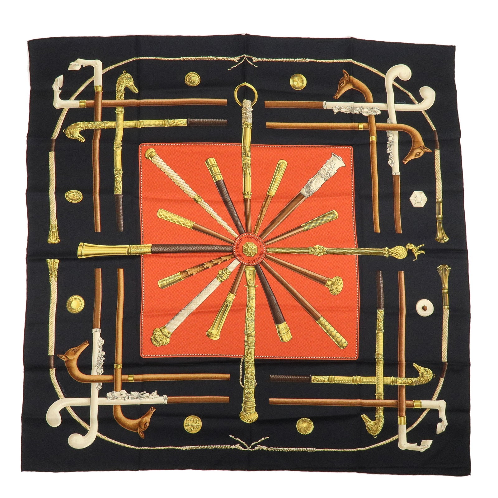HERMES Carre 90 Silk 100% Scarf CANNES ET POMMEAUX Black Red Brown
