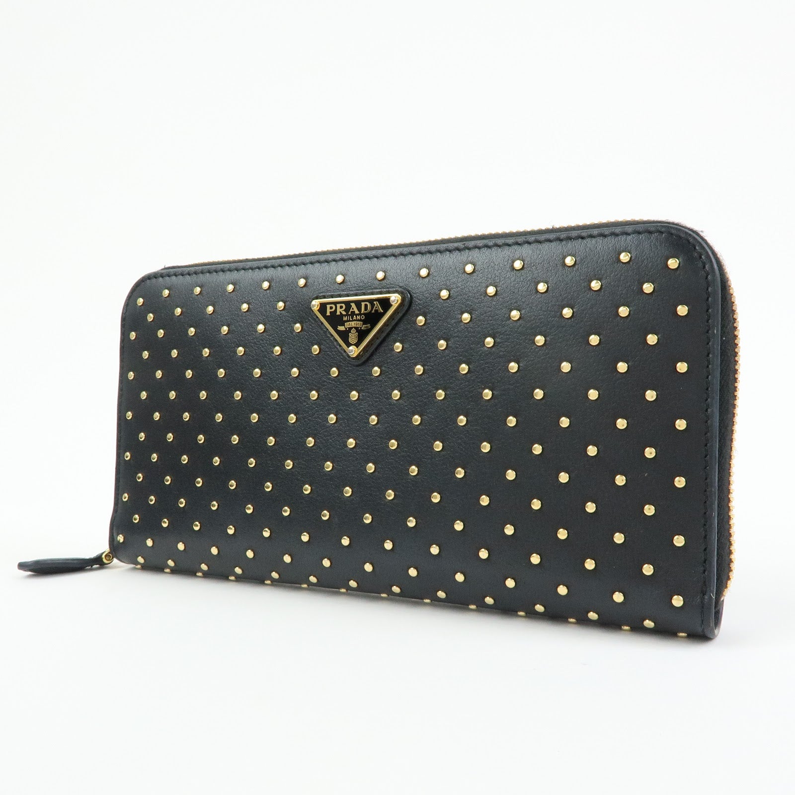 PRADA Triangle Logo Studs Leather Round Zippy Long Wallet Black
