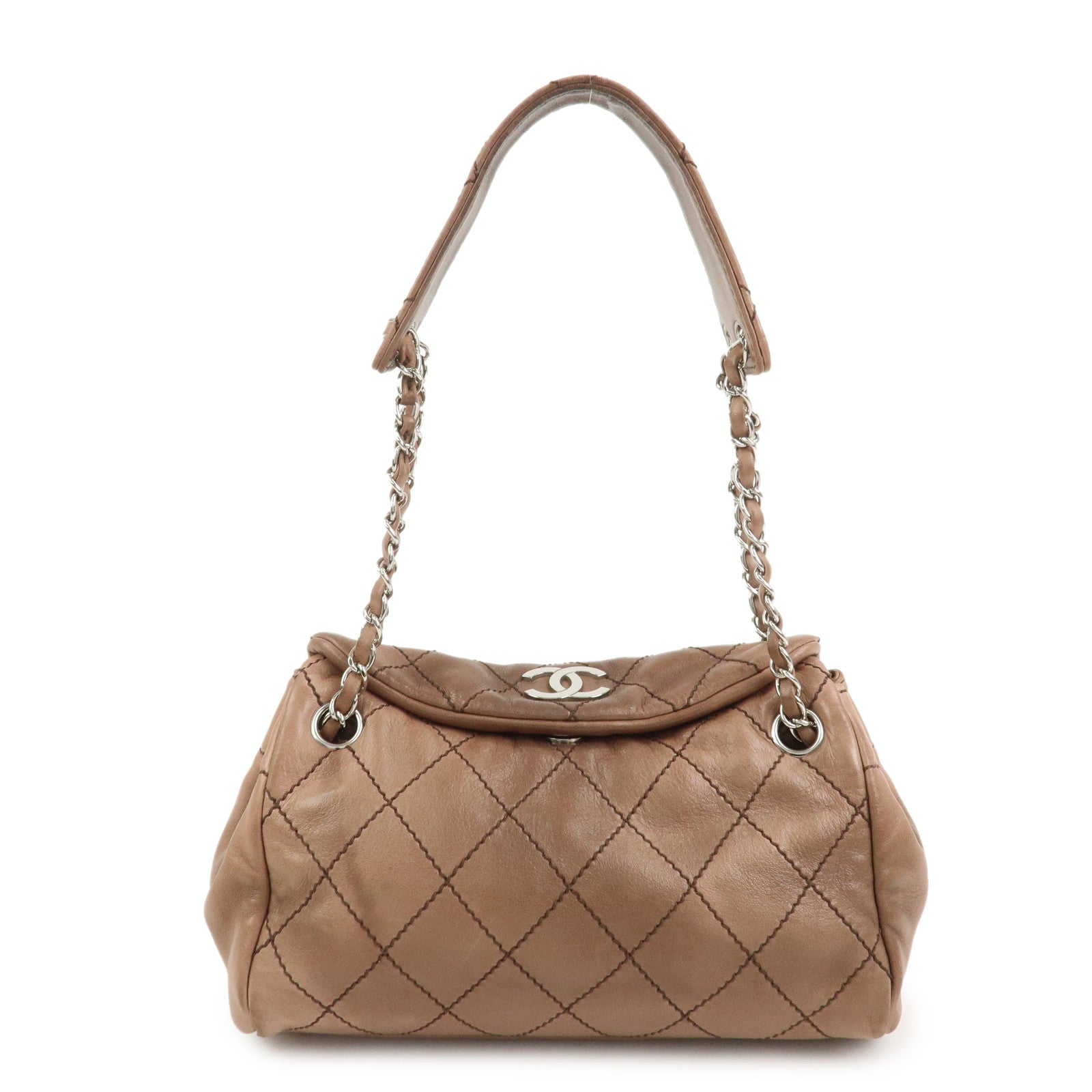 CHANEL Wild Stitch COCO Mark Lamb Skin Shoulder Bag Pink Beige