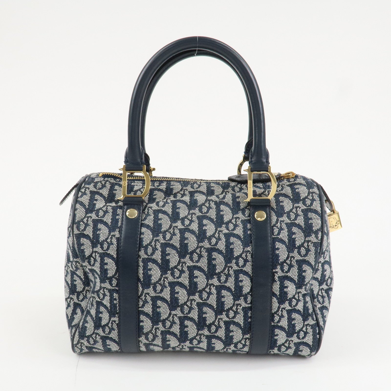 Christian Dior Trotter Leather Canvas Boston Bag Navy White Used