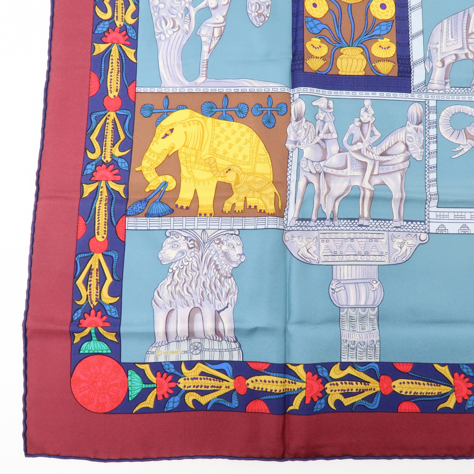 HERMES Carre 90 Silk 100% Scarf TORANA Blue Green Gold