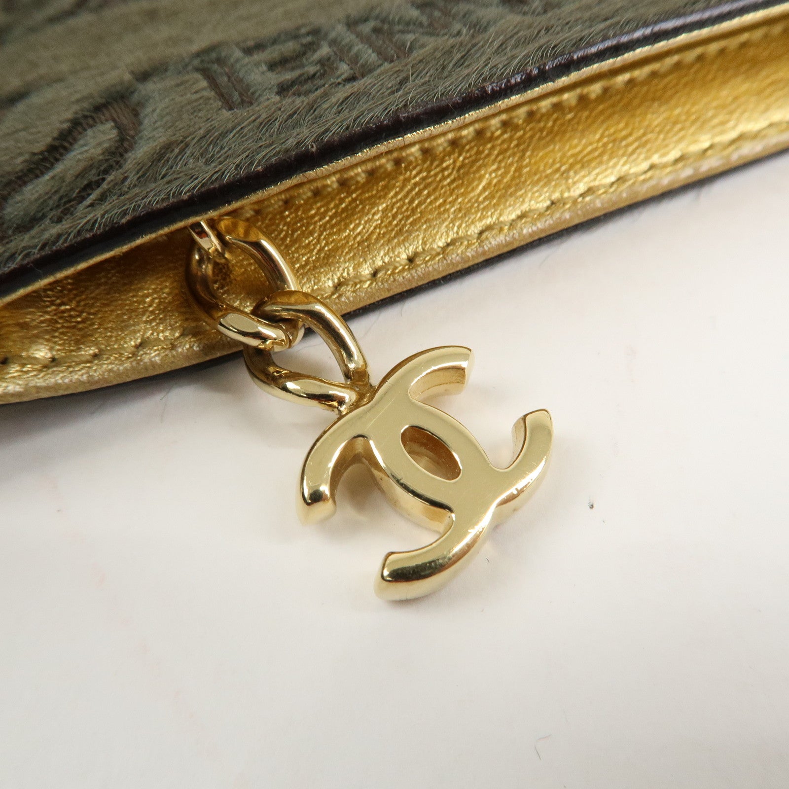 CHANEL Leather Unborn Calf Coin Case Gold Khaki Used