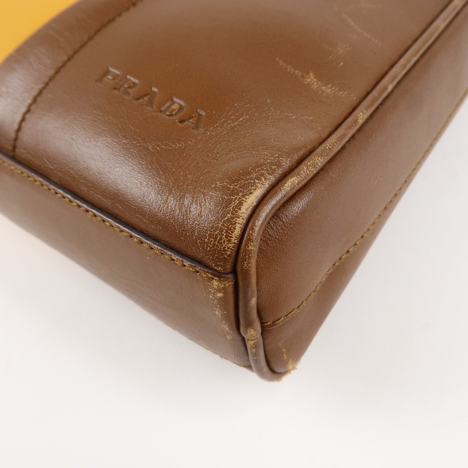 PRADA Leather Shoulder Bag Hand Bag Bi-color Mustard Brown Used