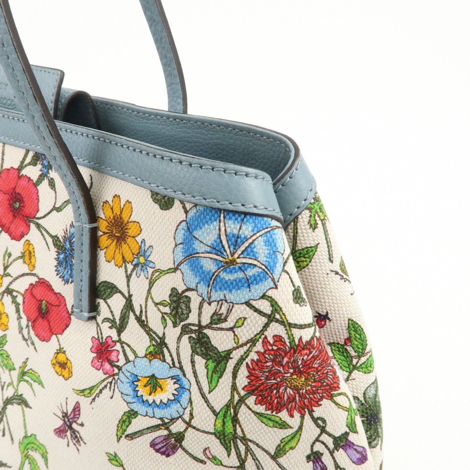 GUCCI Flora Canvas Leather Tote Bag Hand Bag Natural Blue 358470