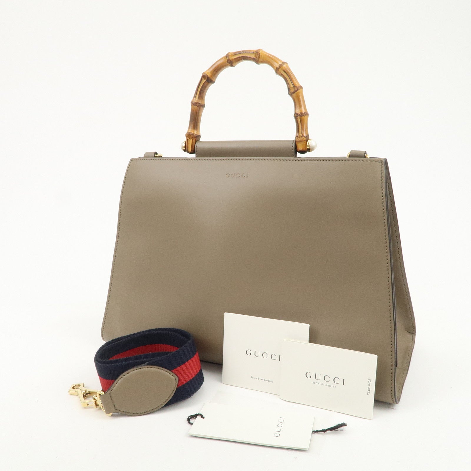 GUCCI Bamboo Nymphaea Leather 2Way Hand Shoulder Bag Gray 453764