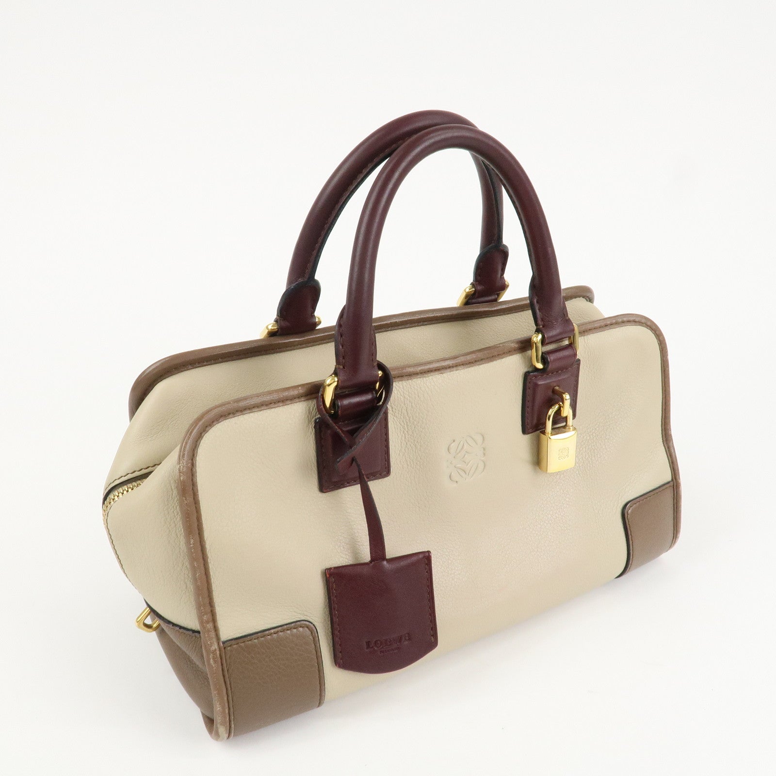 LOEWE Anagram Amazona 28 Leather Hand Bag Brown Ivory Bordeaux Used