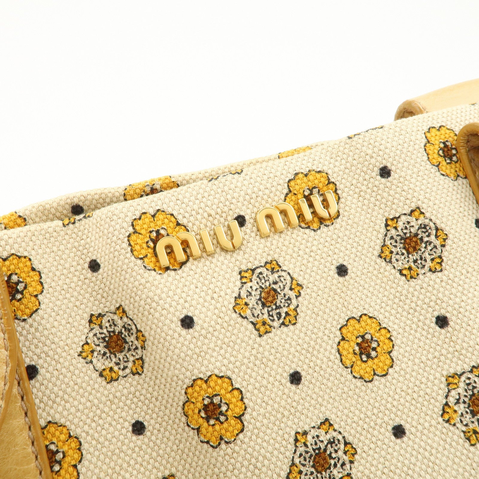 MIU MIU Canvas Leather Tote Bag Hand Bag Flower Motif Beige