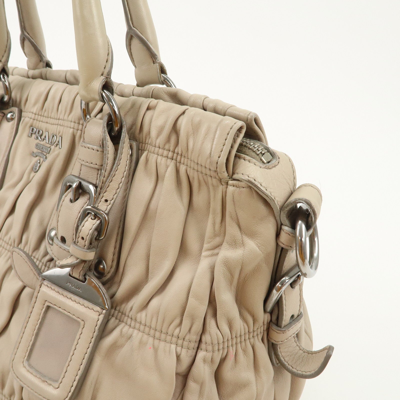 PRADA Logo Leather Gathered 2Way Hand Bag Beige BN1336