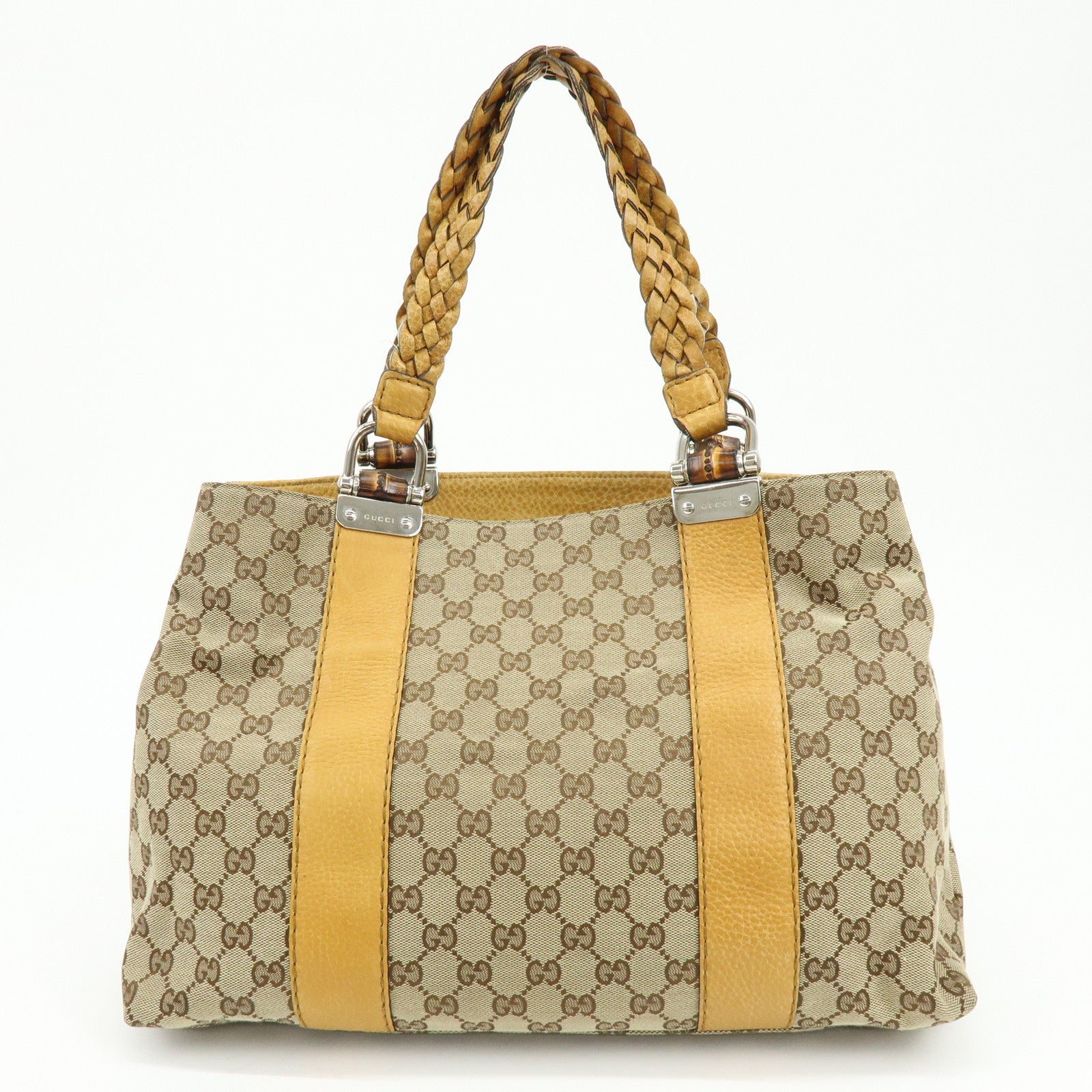 GUCCI Bamboo GG Canvas Leather Tote Bag Beige Yellow 232947