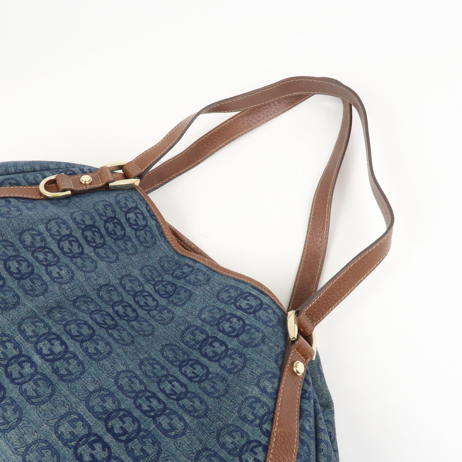 GUCCI Abbey Logo GG Denim Leather Tote Hand Bag Blue Brown 130736