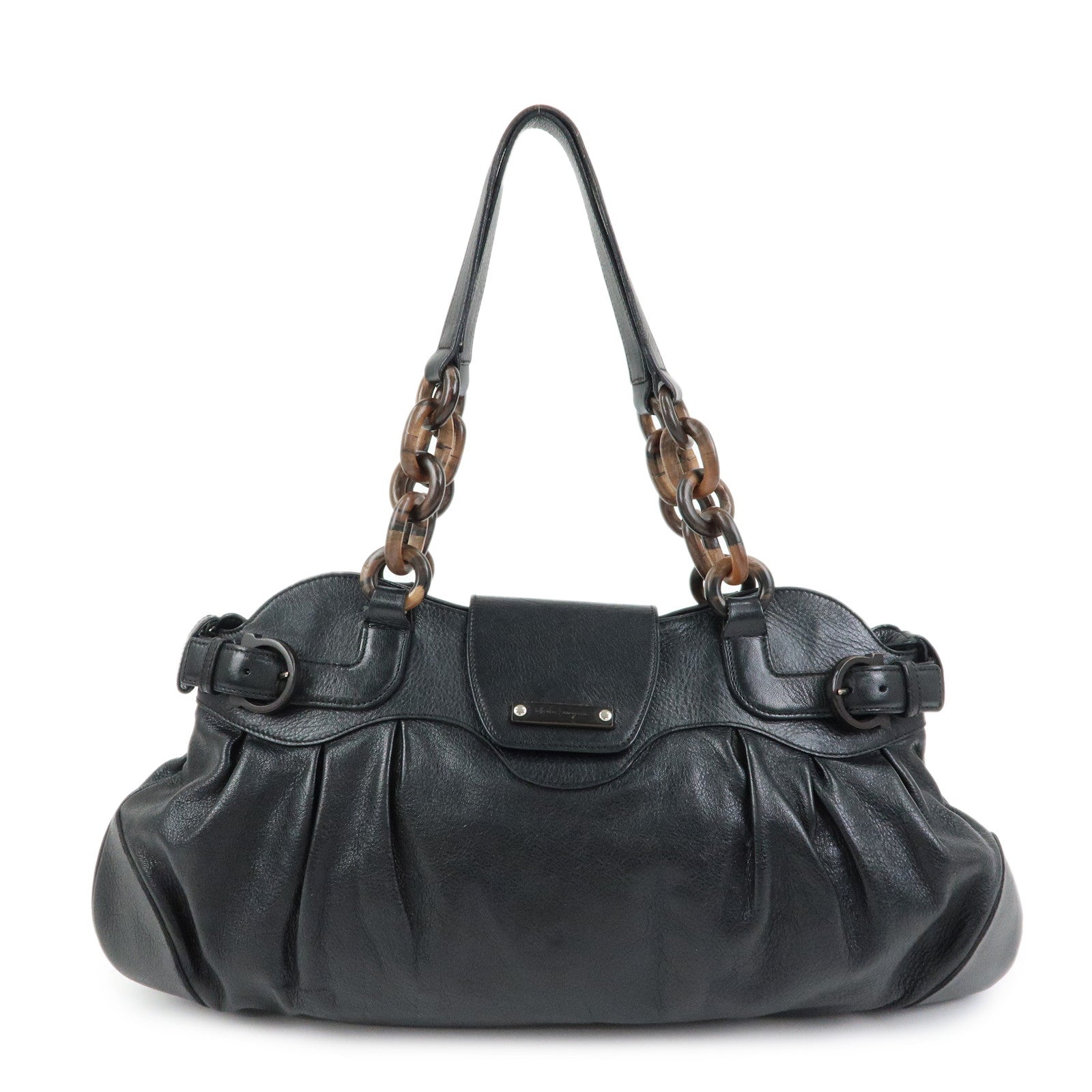 Ferragamo Gancini Leather Wood Shoulder Bag Hand Bag Black Brown
