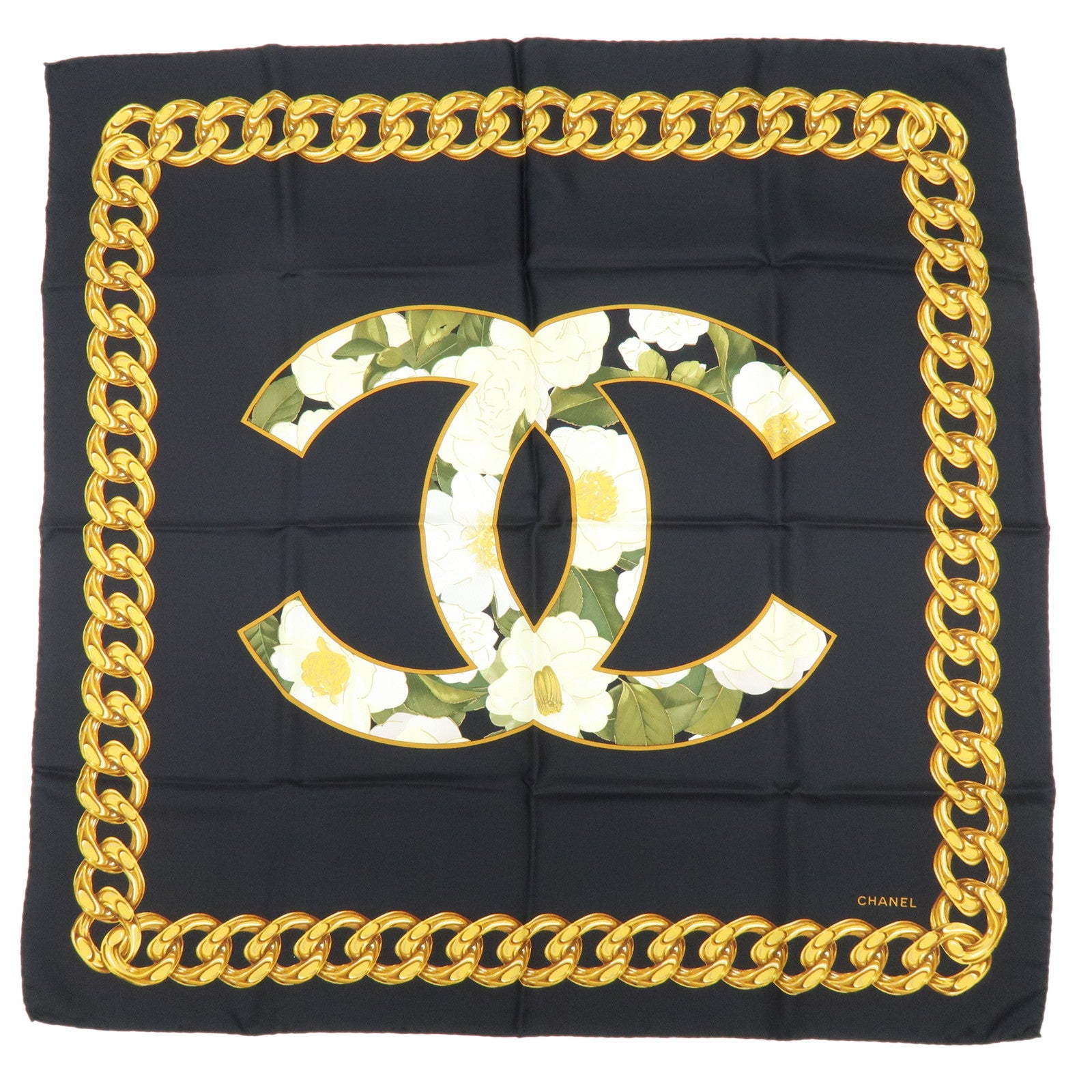 CHANEL COCO Mark Silk 100% Scarf Camellia Black Gold