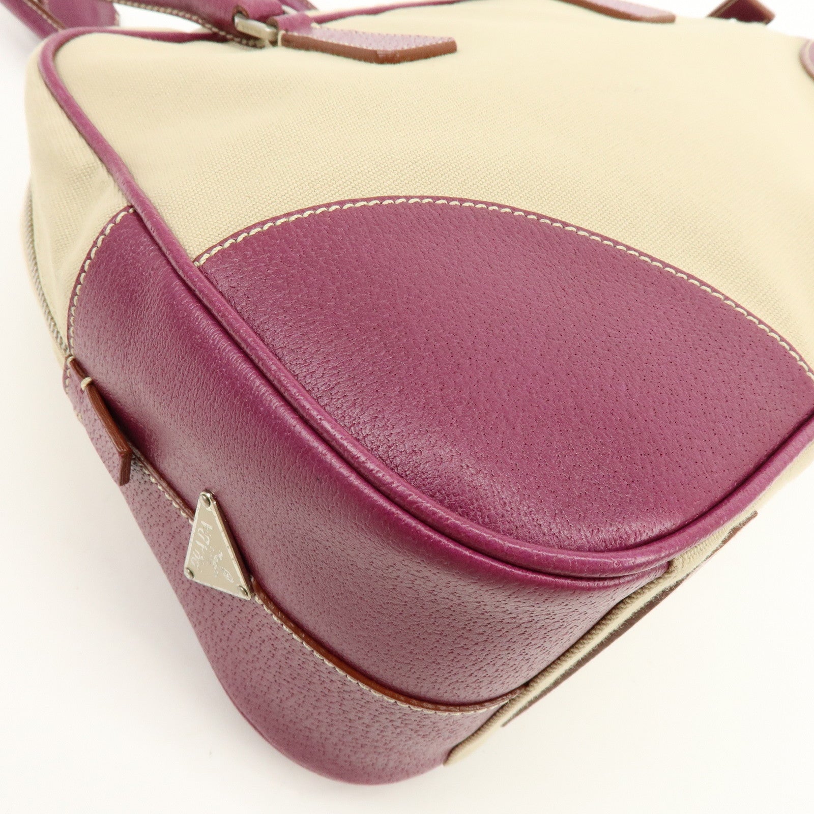 PRADA Triangle Logo Canvas Leather Bowling Bag Natural Purple