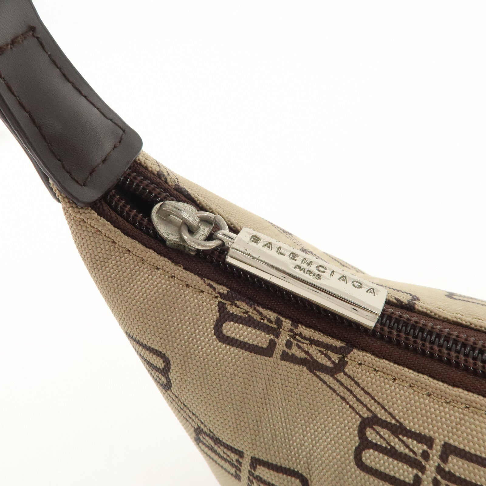 BALENCIAGA Leather Canvas Shoulder Bag Beige Brown