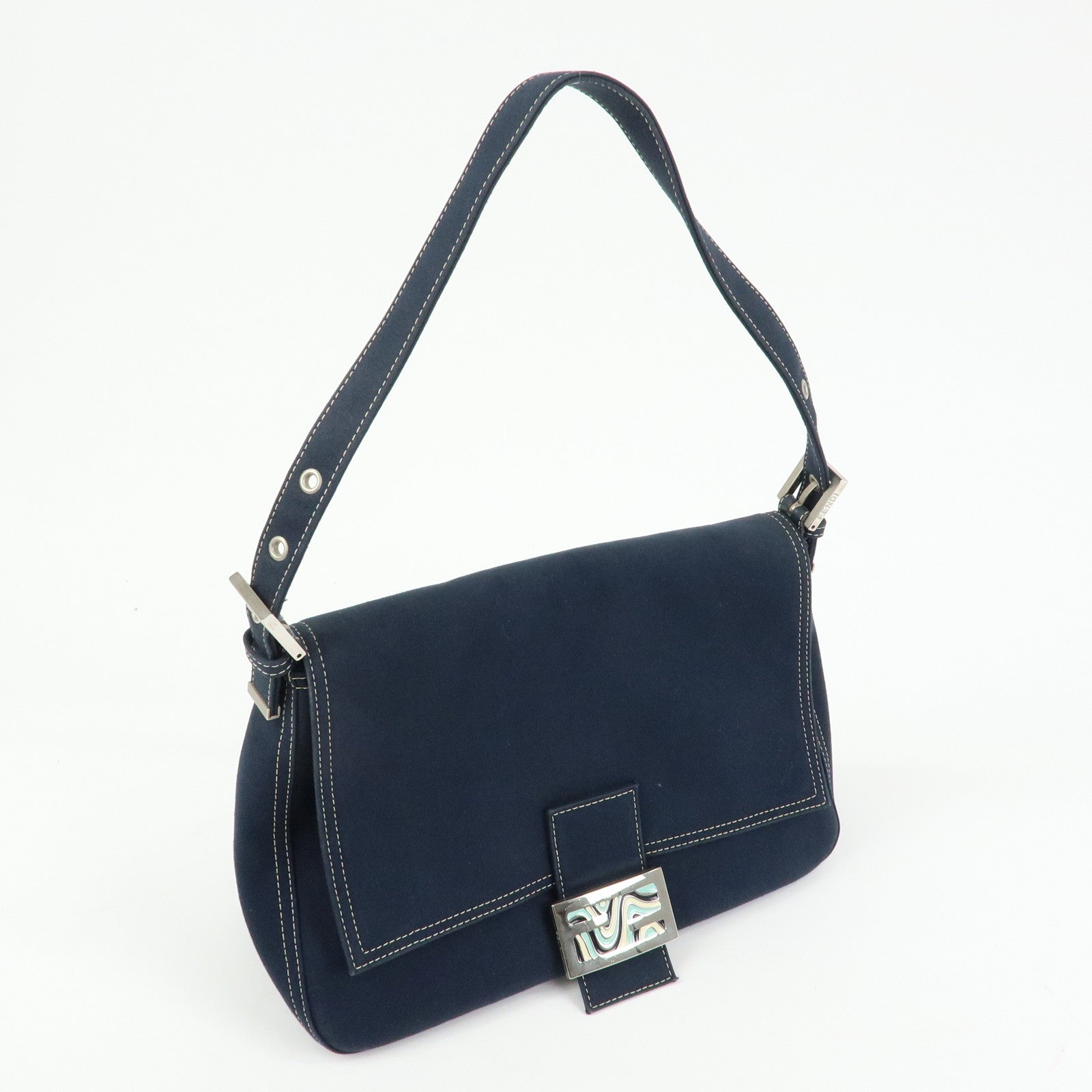 FENDI Mamma Baguette Canvas Shoulder Bag Navy 26325