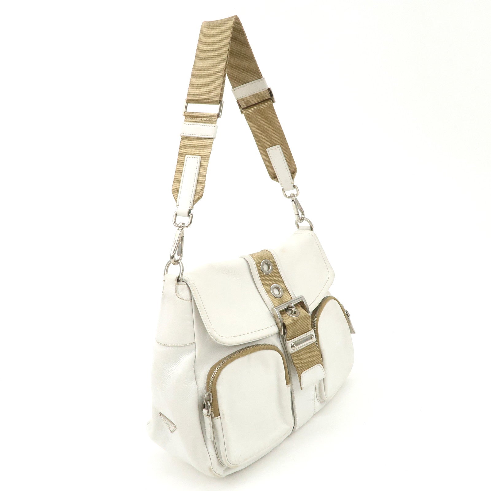 PRADA Triangle Logo Leather Nylon Shoulder Bag White Beige
