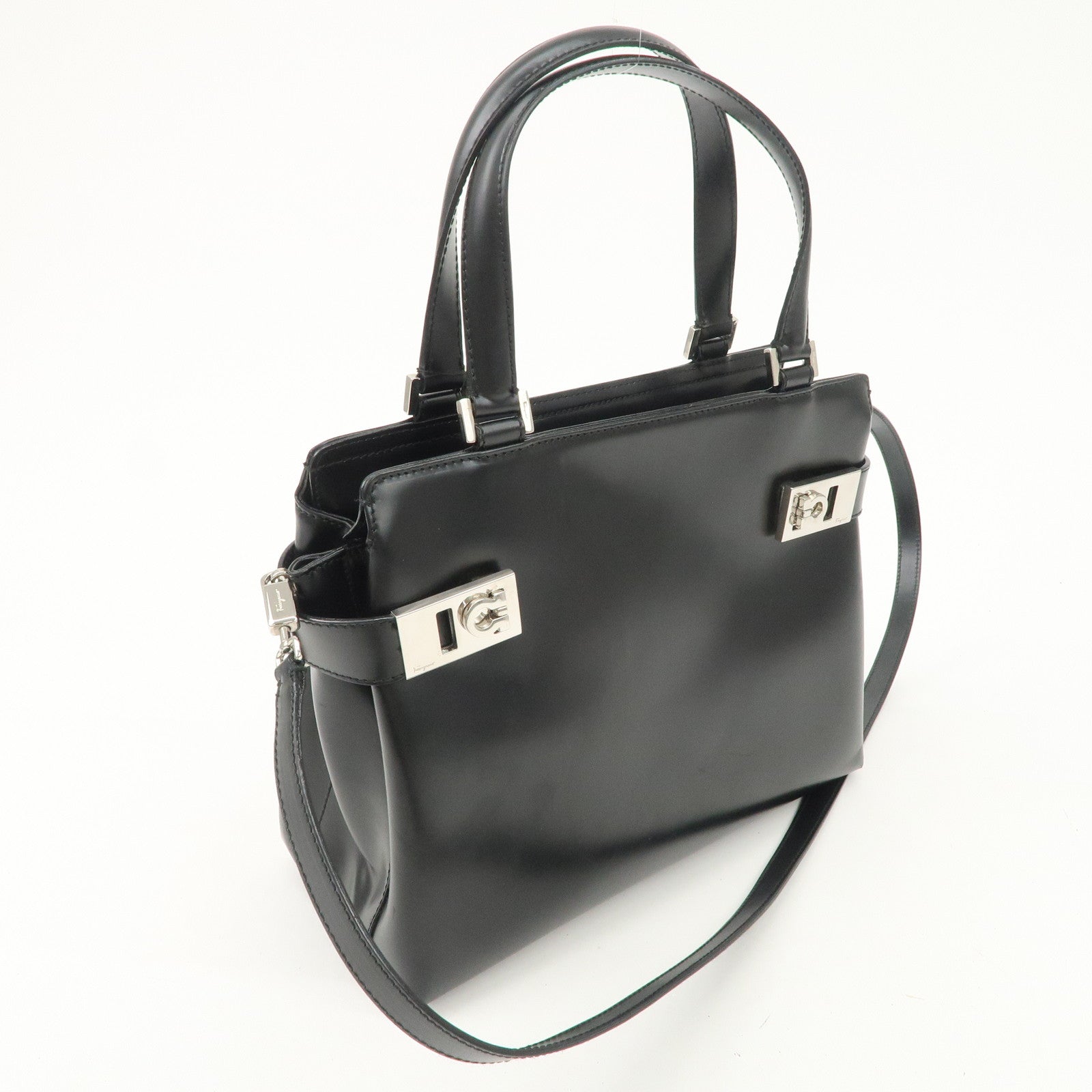 Ferragamo Gancini Leather 2Way Hand Bag Shoulder Bag Black Used