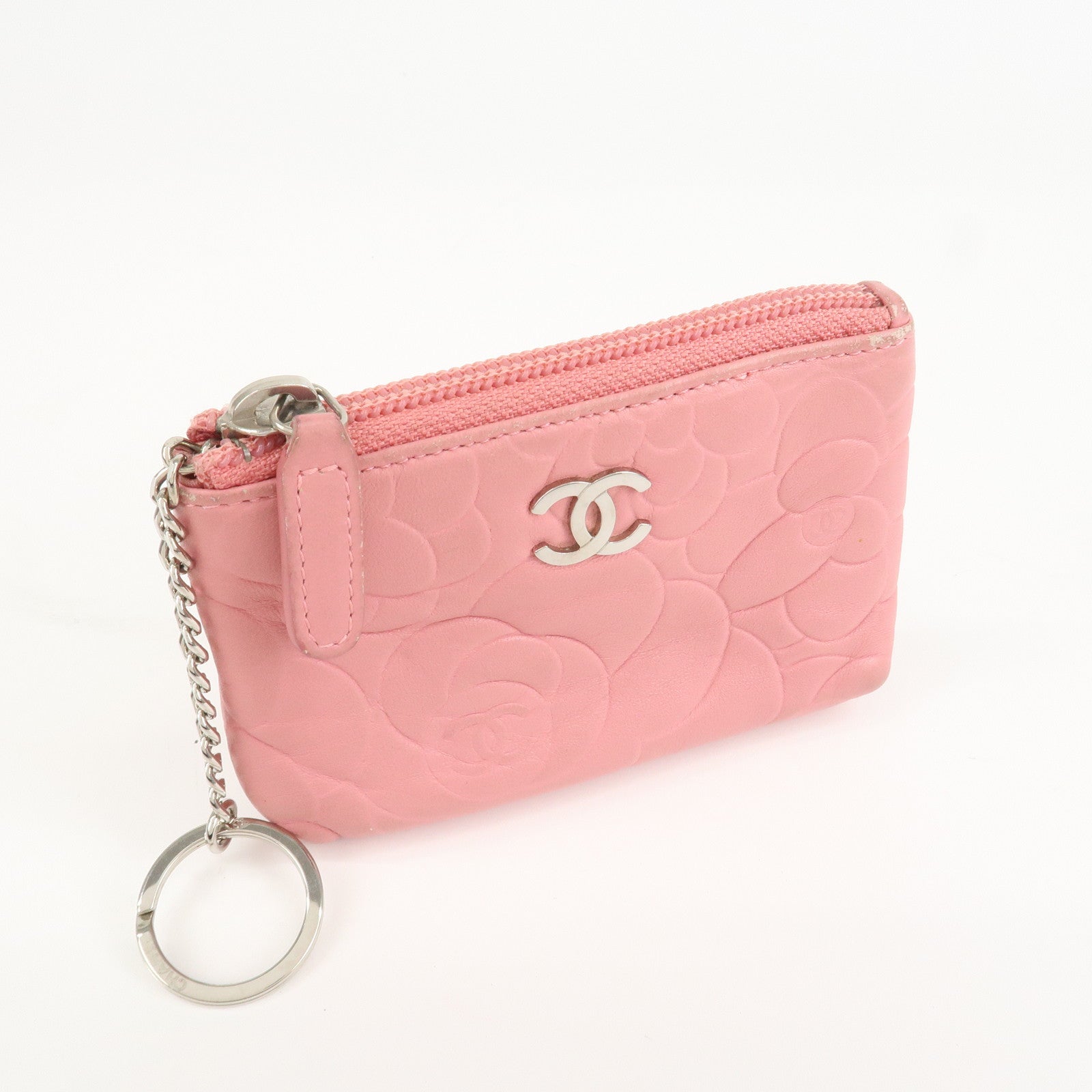 CHANEL Camellia Lamb Skin Leather Coin Case Pink