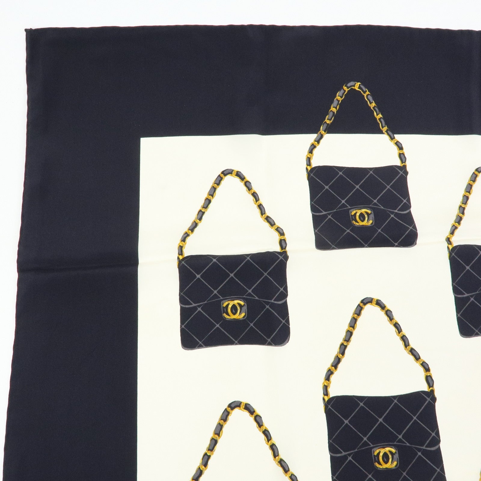 CHANEL Silk 100% Scarf Matelasse Bag Motif 86cm×86cm Black Ivory
