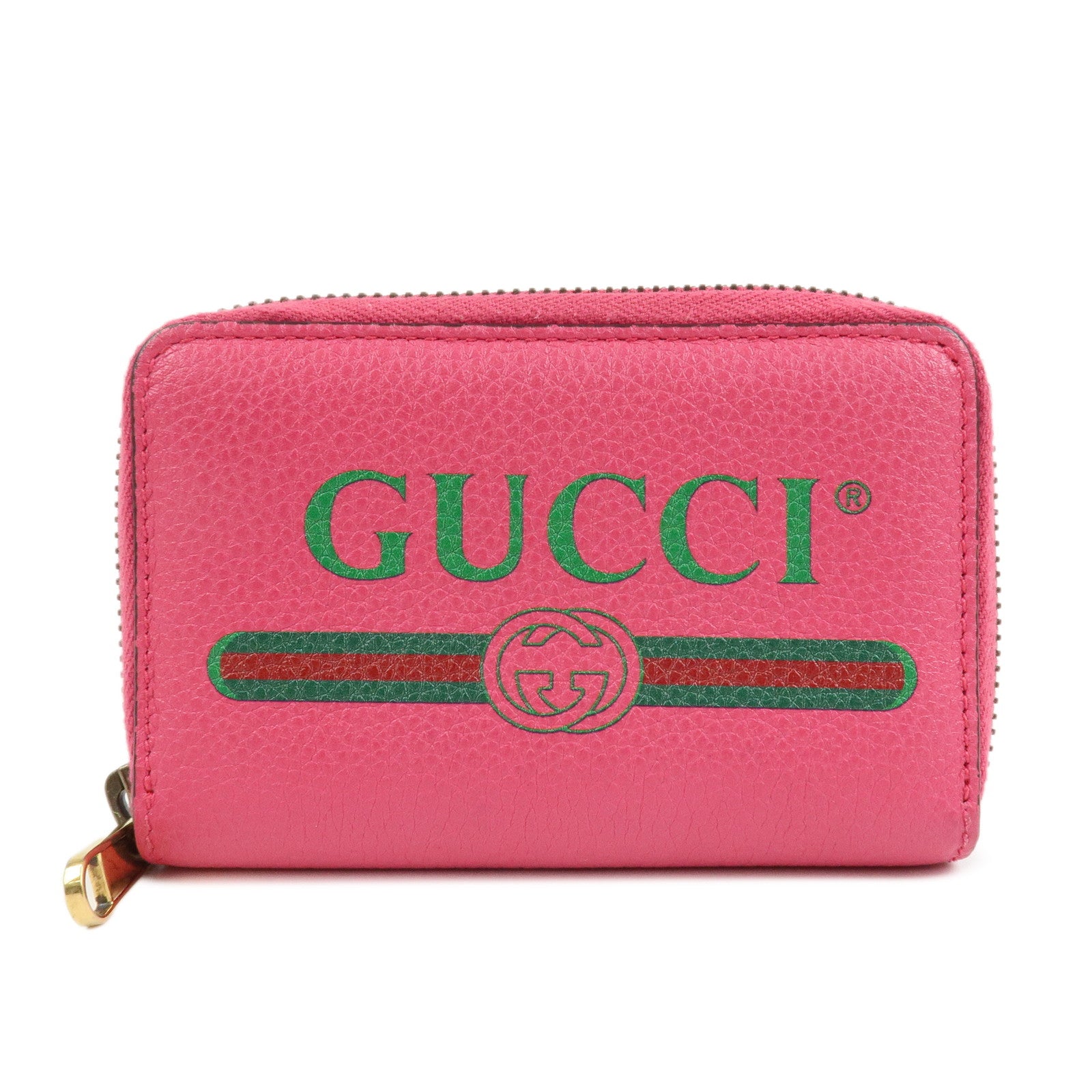 GUCCI Sherry Leather Logo Print Round Zipper Coin Case Pink 496319