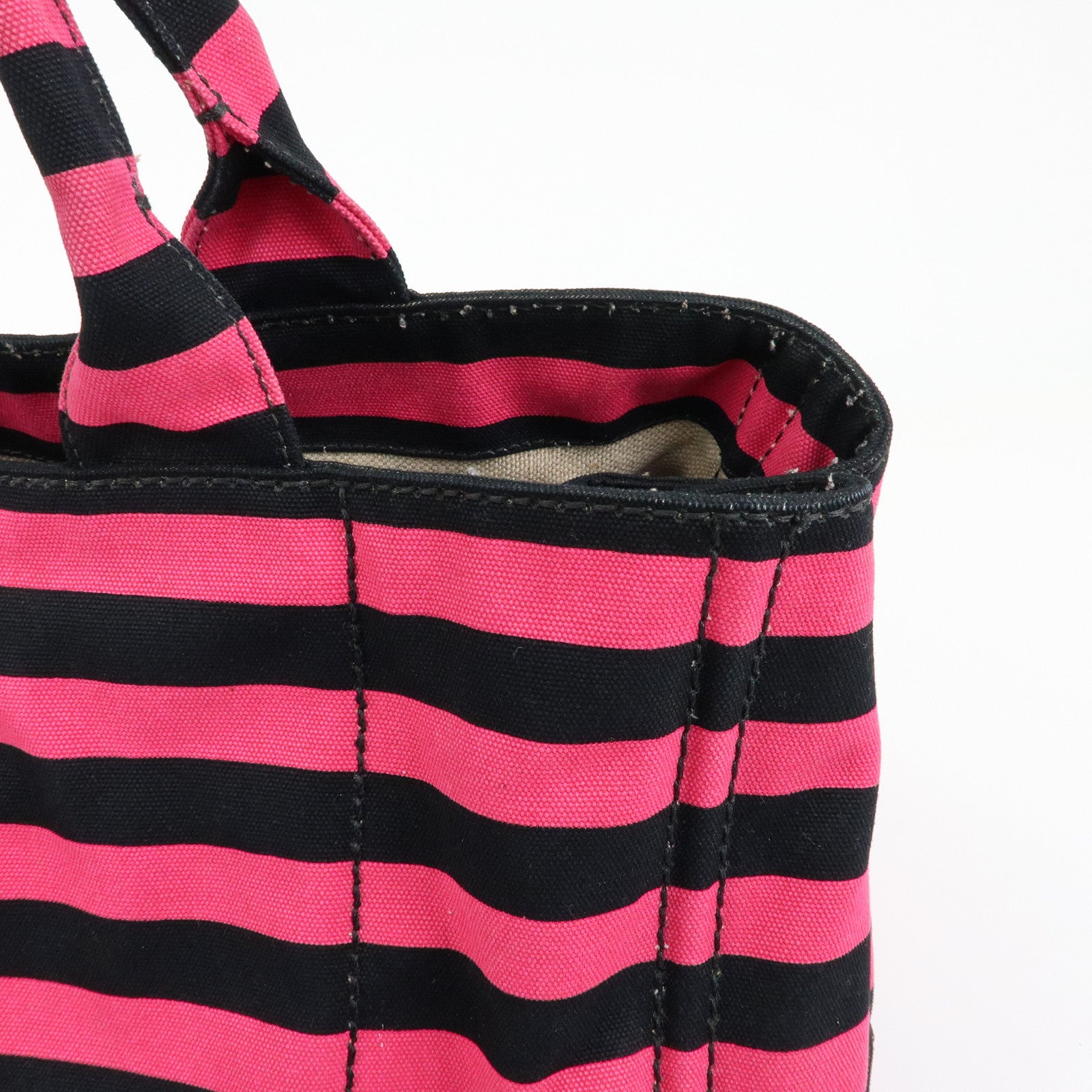 PRADA Canapa Large Triangle Logo Tote Bag Striped Pink Black B1872B