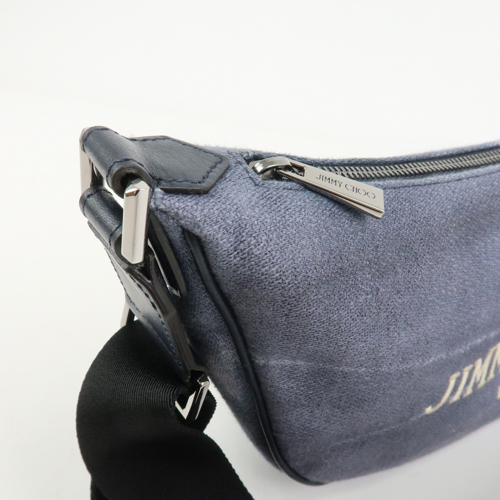 JIMMY CHOO Logo Canvas Leather Shoulder Bag Crossbody Bag Navy